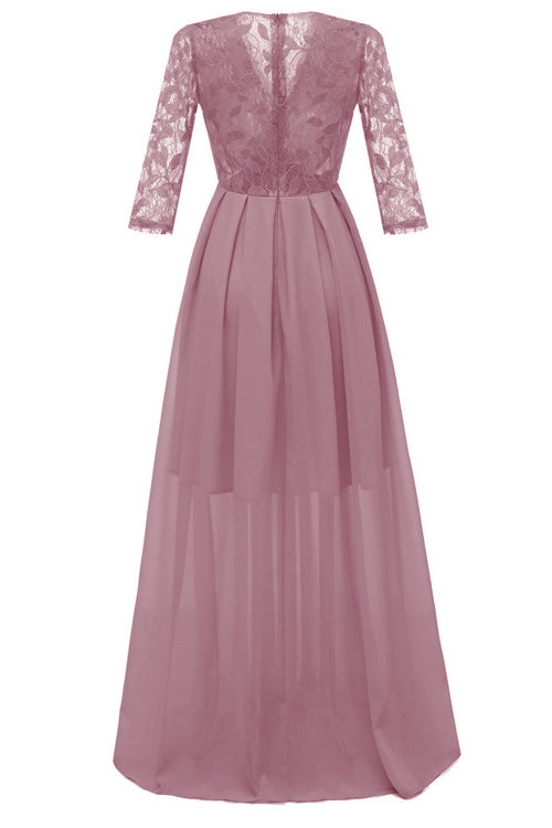 Pink A-line Lace Prom Dress With Long Sleeves - Fashionpara