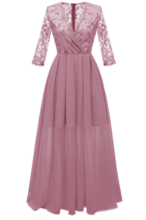 Pink A-line Lace Prom Dress With Long Sleeves - Fashionpara