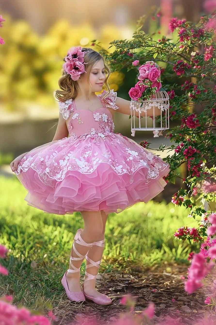 Pink Ball Gown Tulle Princess Flower Girl Dress with 3D Flowers