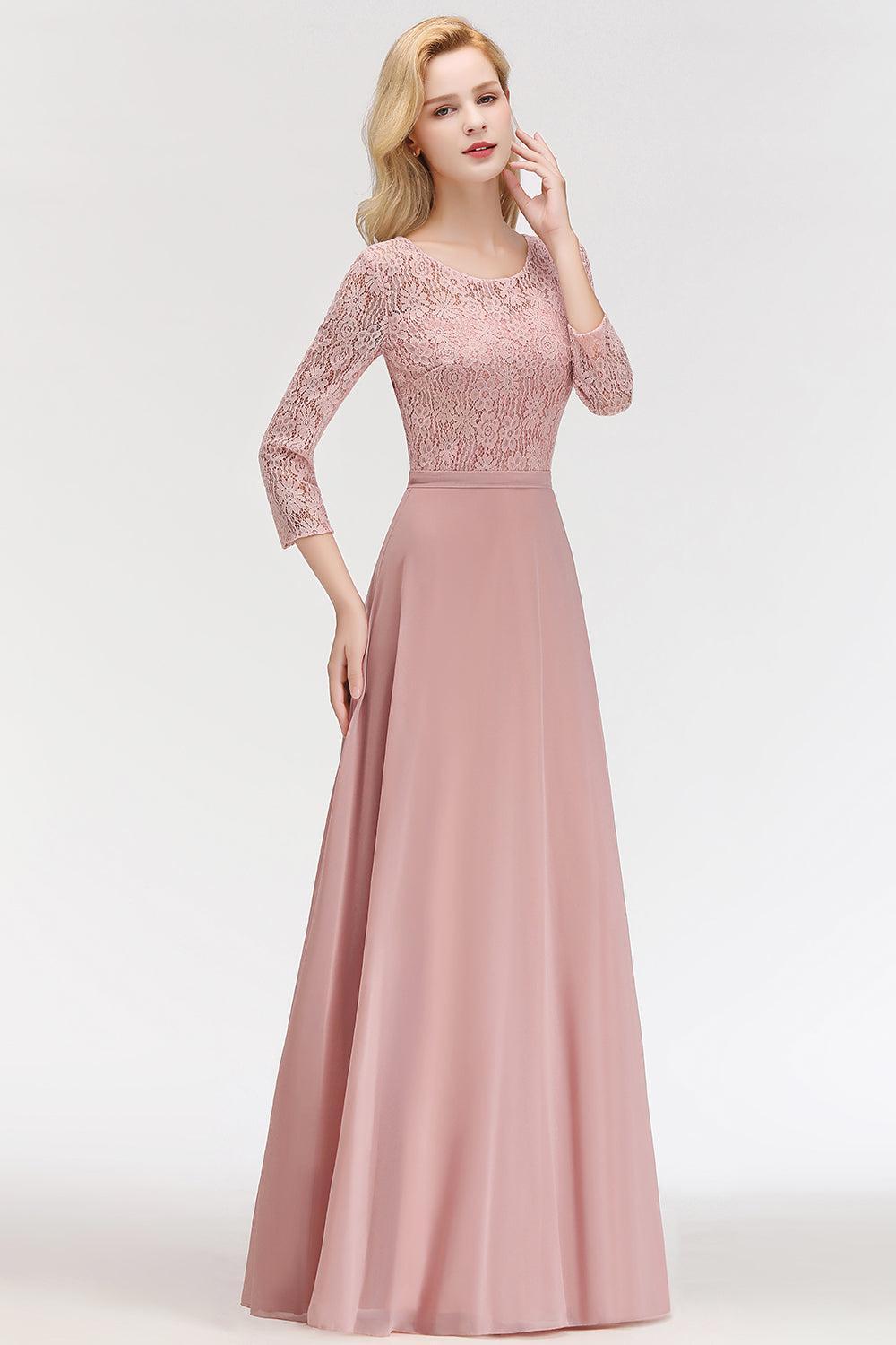 Pink Lace Long Evening Dresses with Sleeves |  A-Line Scoop Bridesmaid Dresses