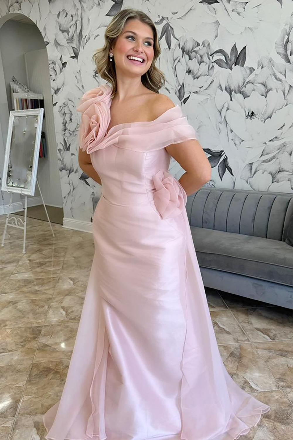 Pink Prom Dress Flowers Mermaid Asymmetrical Neck Long Formal Dress
