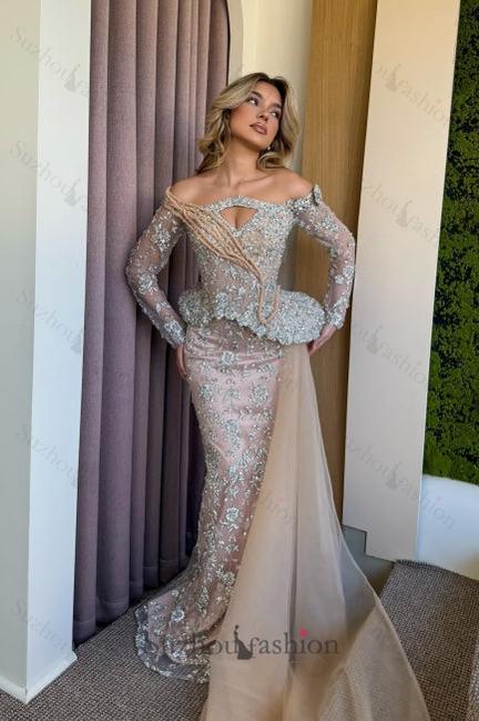 Pink Prom Dress Mermaid Strapless Off The Shoulder Beaded Sleeves Panel Train Satin Tulle Formal Dress