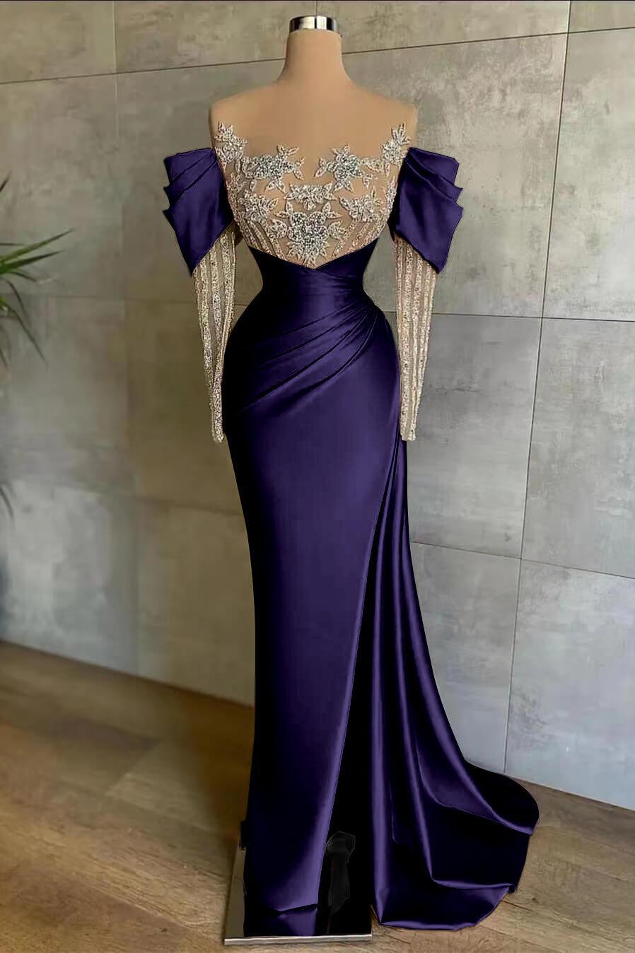 Pink Prom Dress Split Mermaid Long Sleeves Evening Formal Dress Beadings With Appliques Off the Shoulder