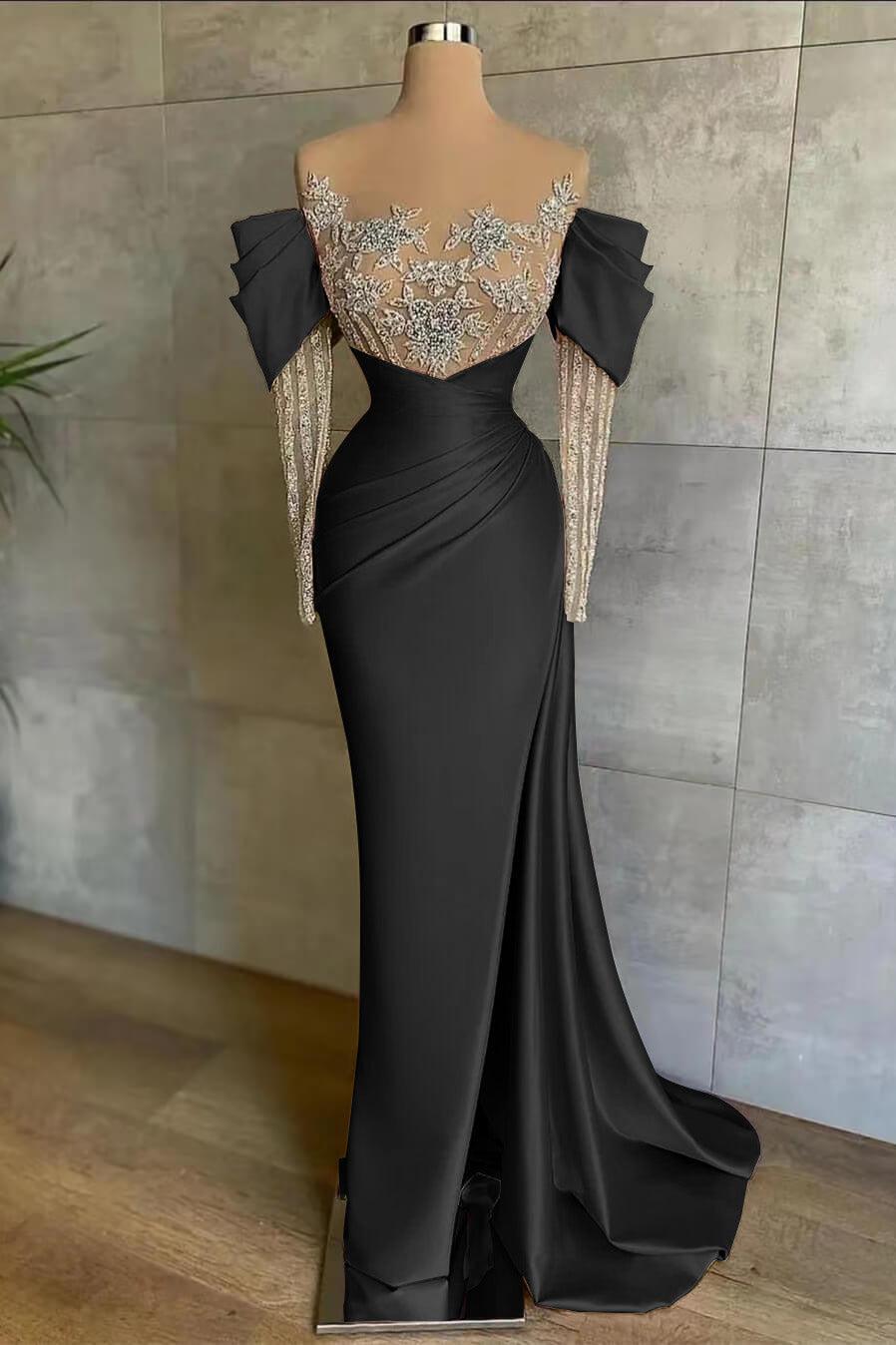 Pink Prom Dress Split Mermaid Long Sleeves Evening Formal Dress Beadings With Appliques Off the Shoulder