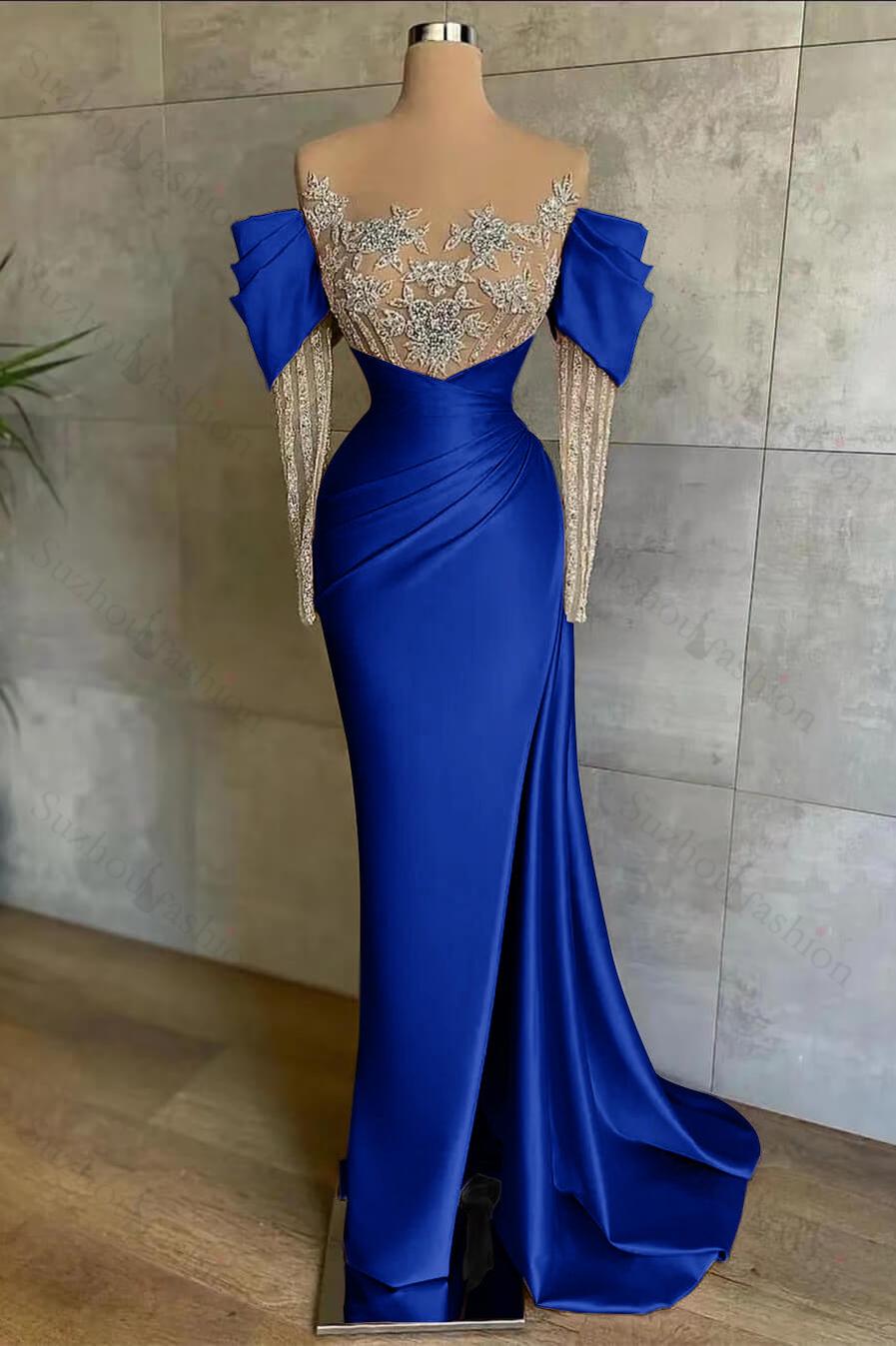 Pink Prom Dress Split Mermaid Long Sleeves Evening Formal Dress Beadings With Appliques Off the Shoulder