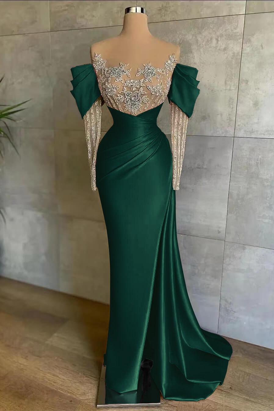 Pink Prom Dress Split Mermaid Long Sleeves Evening Formal Dress Beadings With Appliques Off the Shoulder