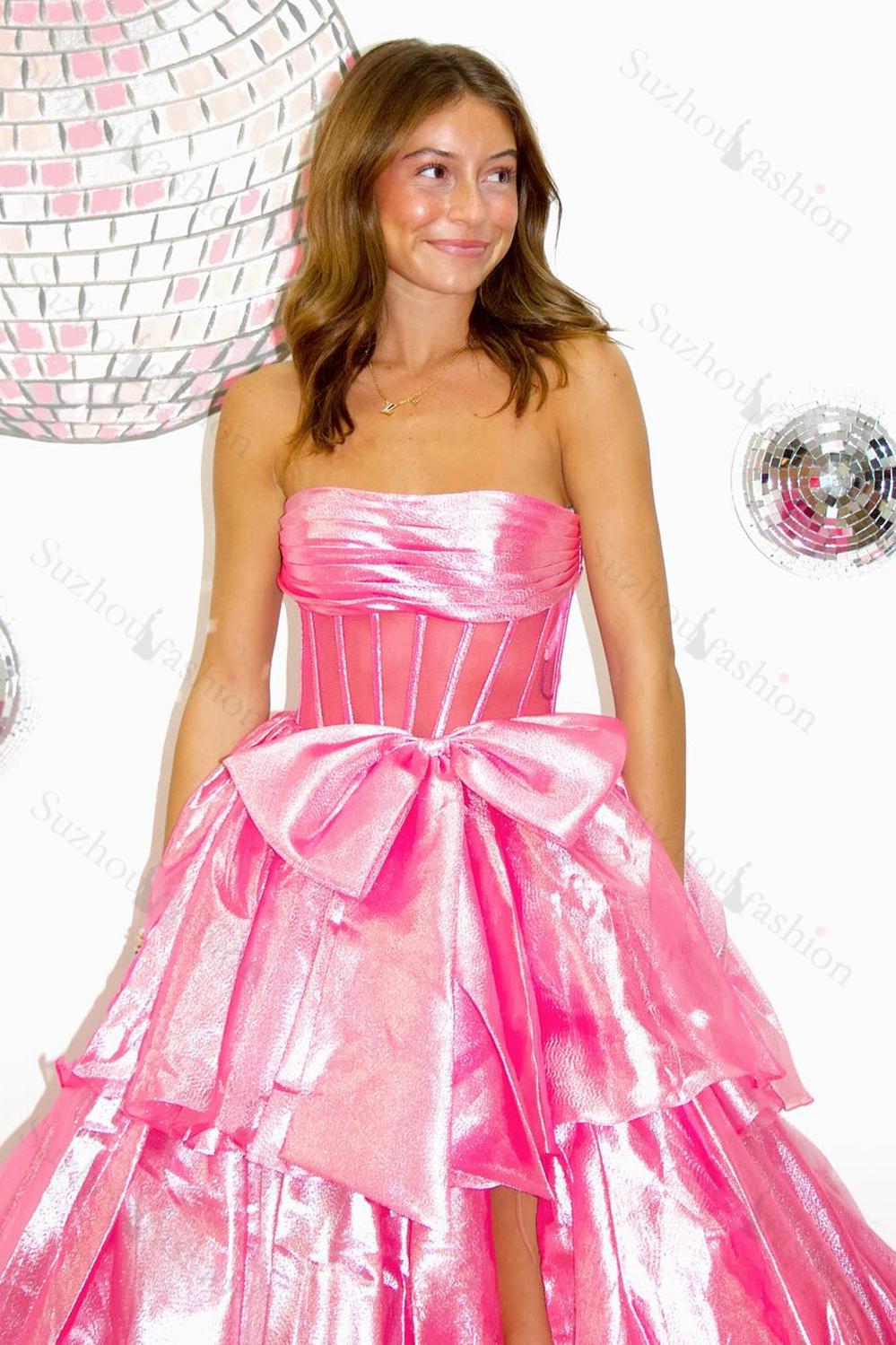 Pink Prom Dress Strapless Ruffled Long Formal Dress With Bow
