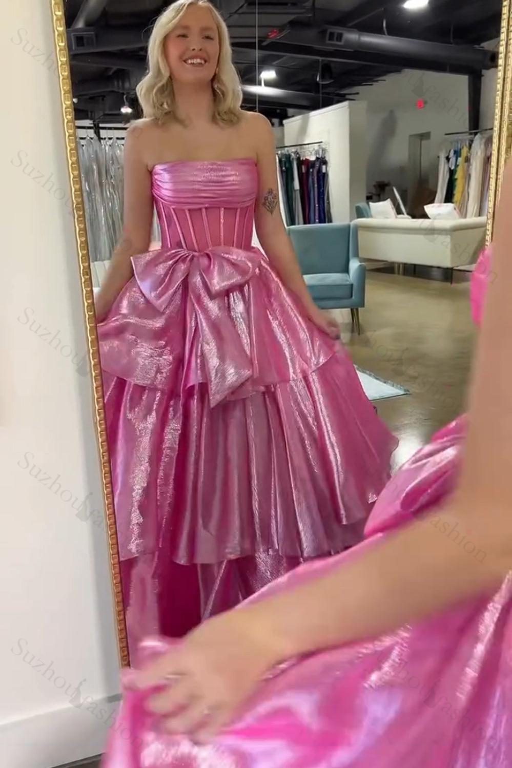 Pink Prom Dress Strapless Ruffled Long Formal Dress With Bow