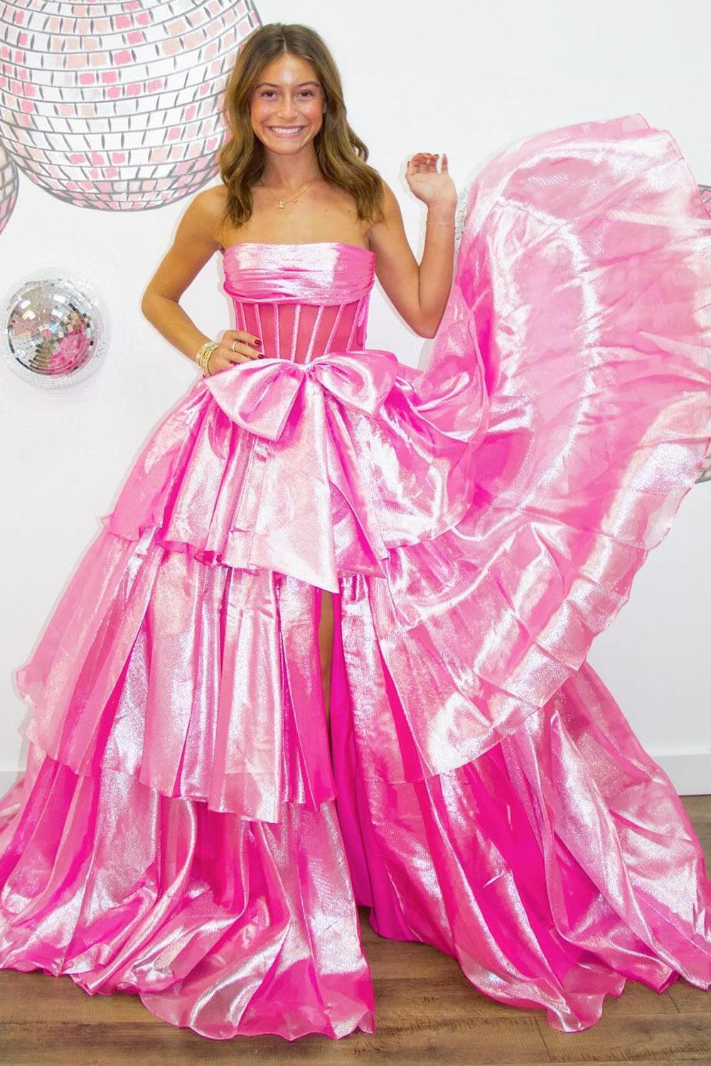 Pink Prom Dress Strapless Ruffled Long Formal Dress With Bow