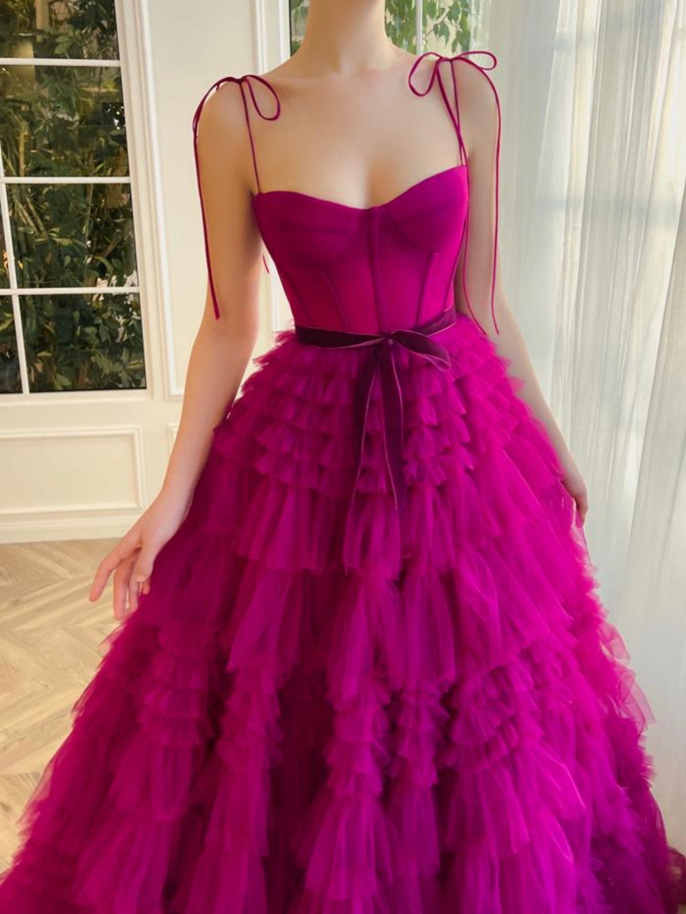 Strapless A Line Fuchsia Tiered Long Prom Dress - Fashionpara