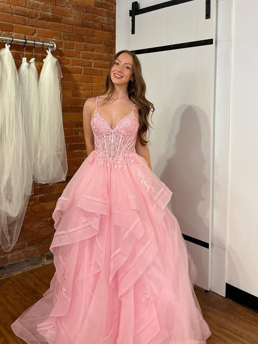 Pink A Line Tiered Tulle Long Prom Dress with Lace Appliqué