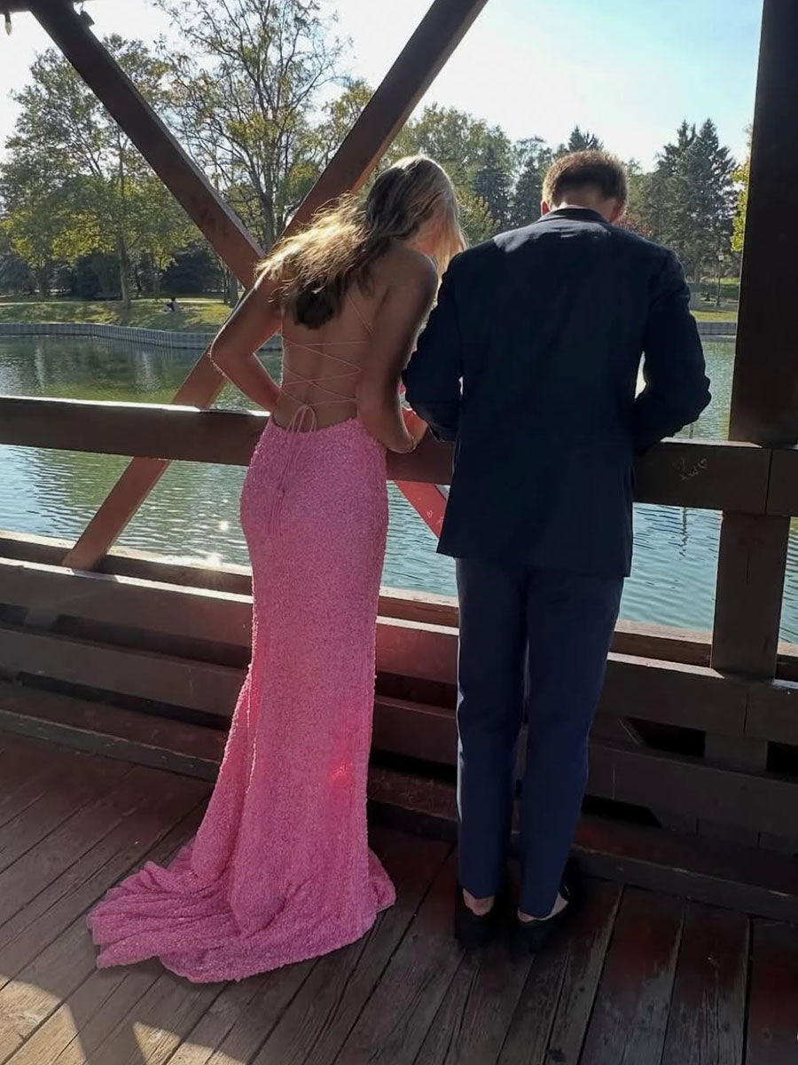 Pink All-over Sequin Sheath Long Prom Dress with Slit