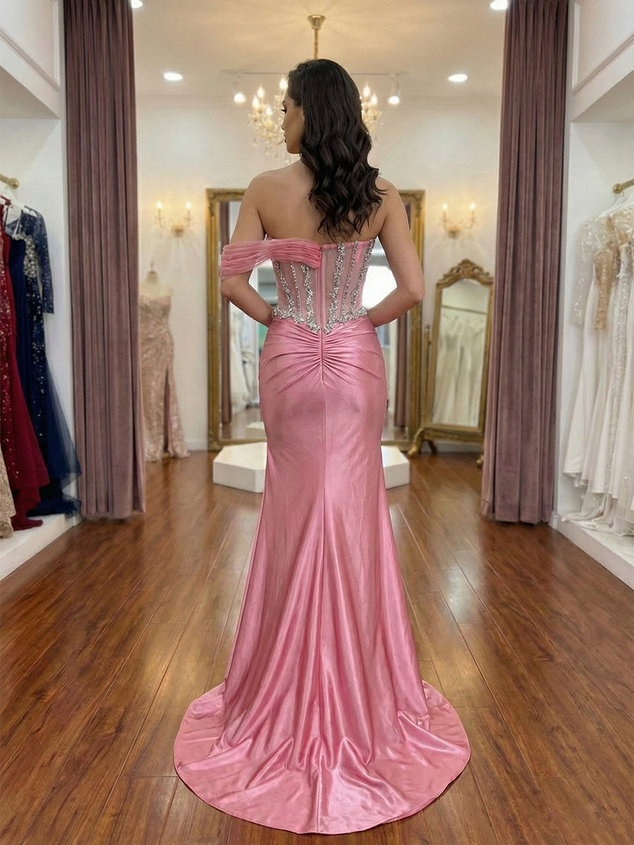 Pink Beaded Corset Satin Prom Dress with Asymmetrical Drape