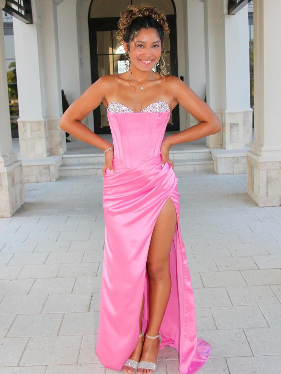 Pink Beaded Neck Pleated Mermaid Long Prom Dress with Slit - FashionDia