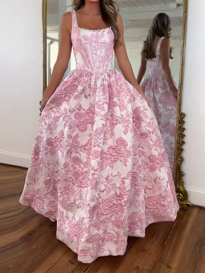 Pink Floral Brocade Pearl Long Corset Prom Dress