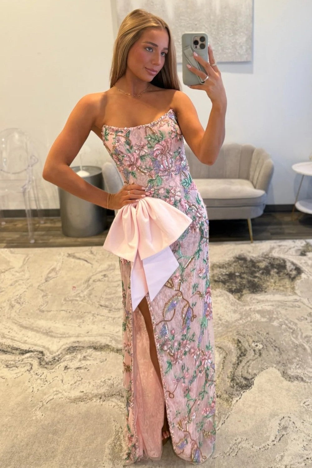Gorgeous Mermaid Strapless Pink Corset Prom Dress with Embroidery Bowknot