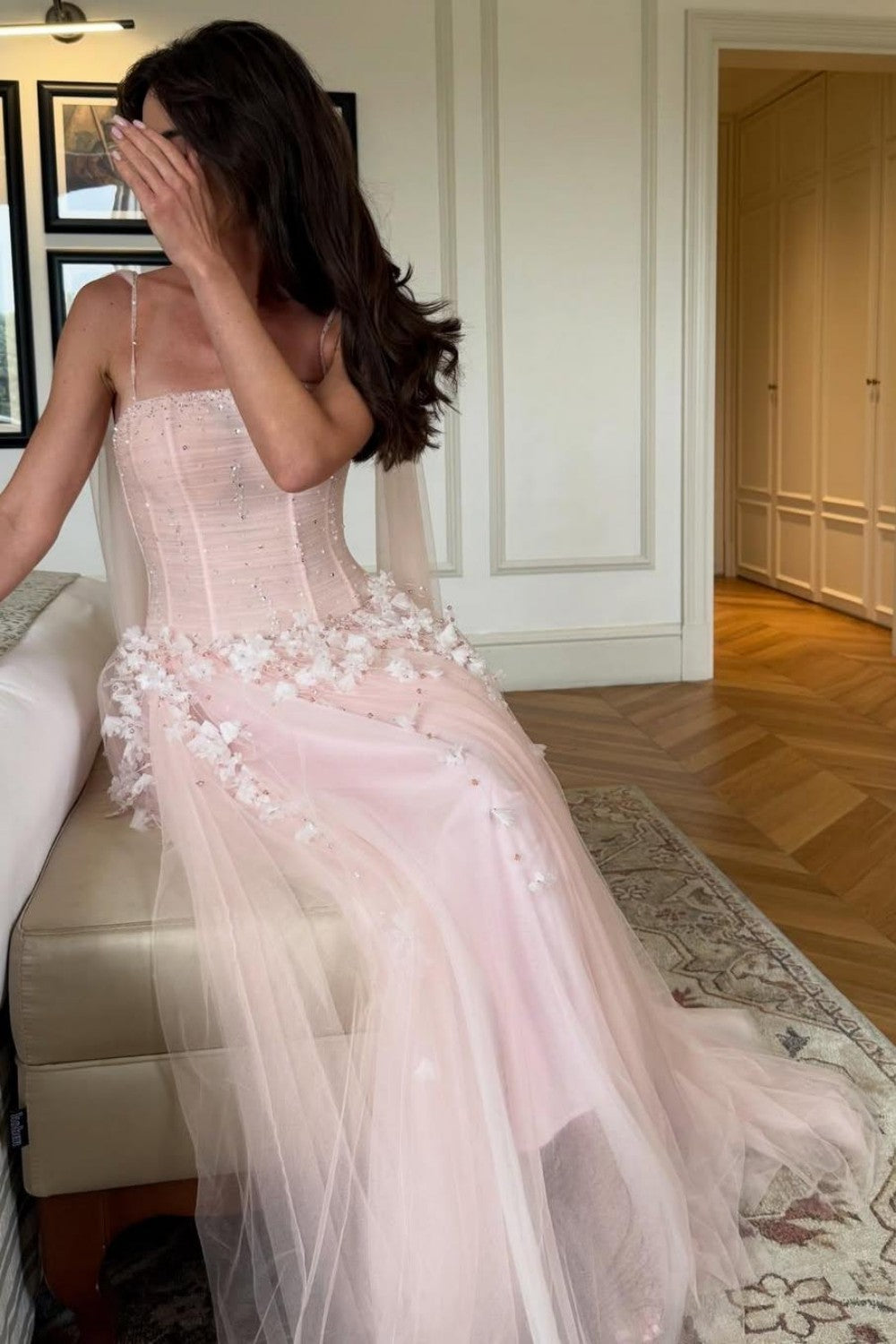 Princess A Line Pink Floral Spaghetti Straps Tulle Ball Gown Prom Dress with Corset Bodice