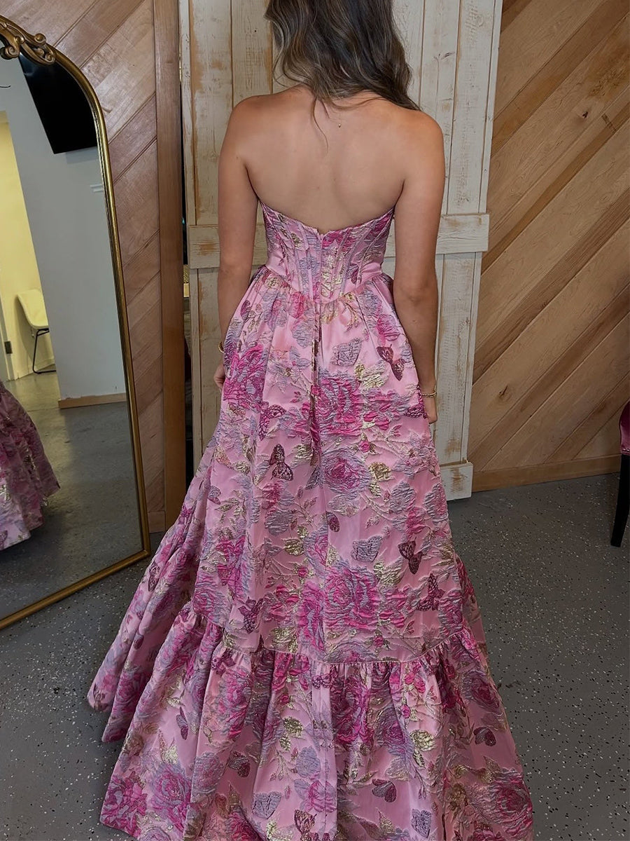 Pink Floral Strapless Jacquard Corset A-Line Prom Dress