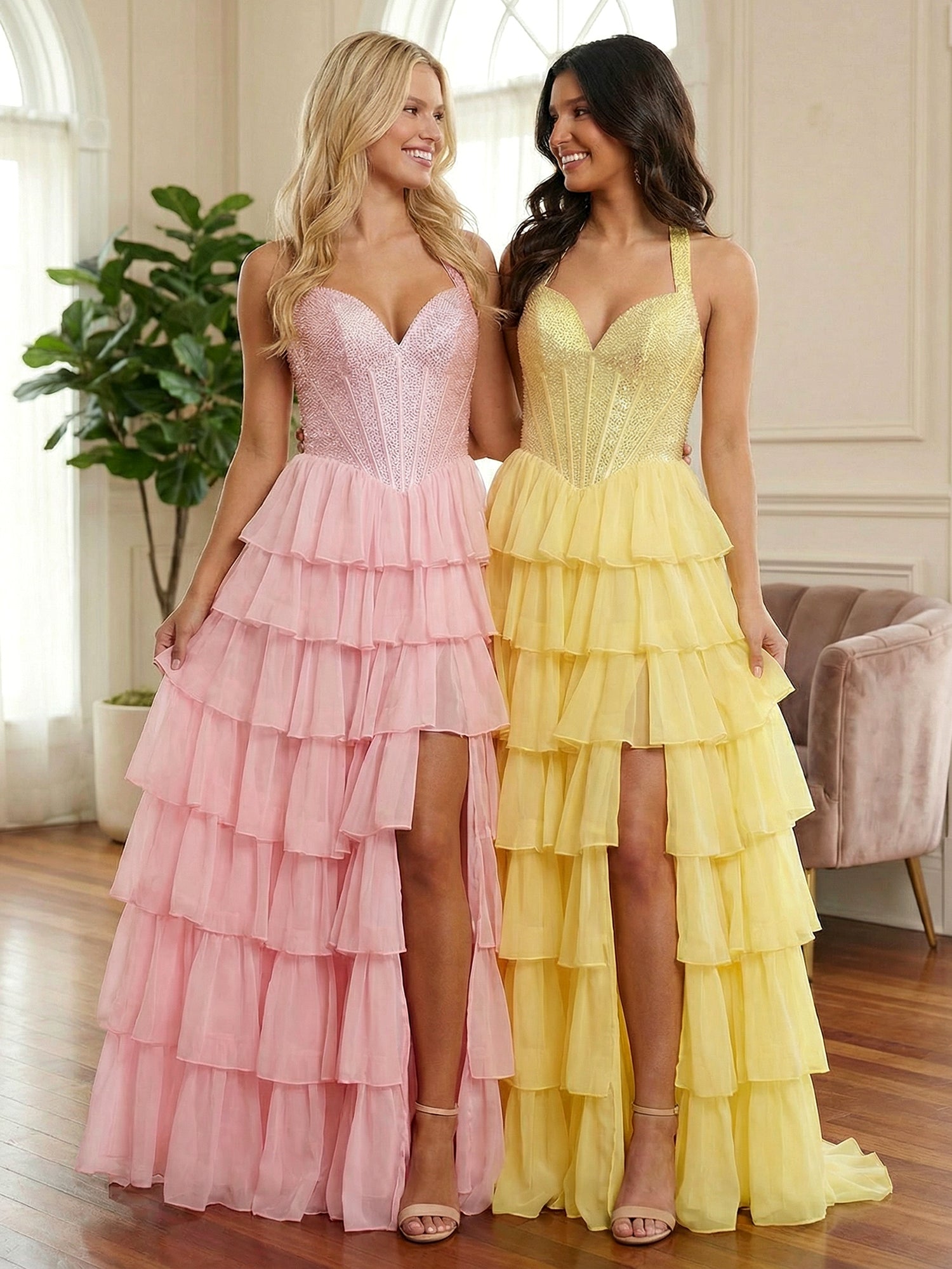 Pink Halter Beaded Corset Tiered Ruffle Long Prom Dress with Slit