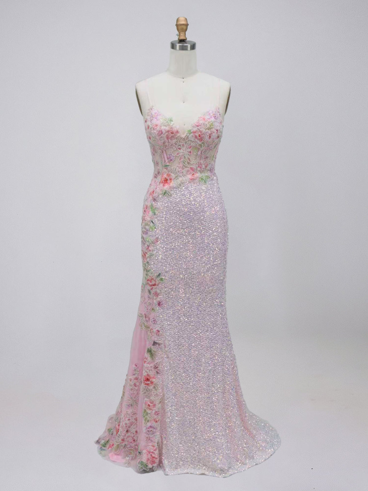 Pink Iridescent Sequin Mermaid Prom Dress with Asymmetrical Floral Embroidery - FashionDia