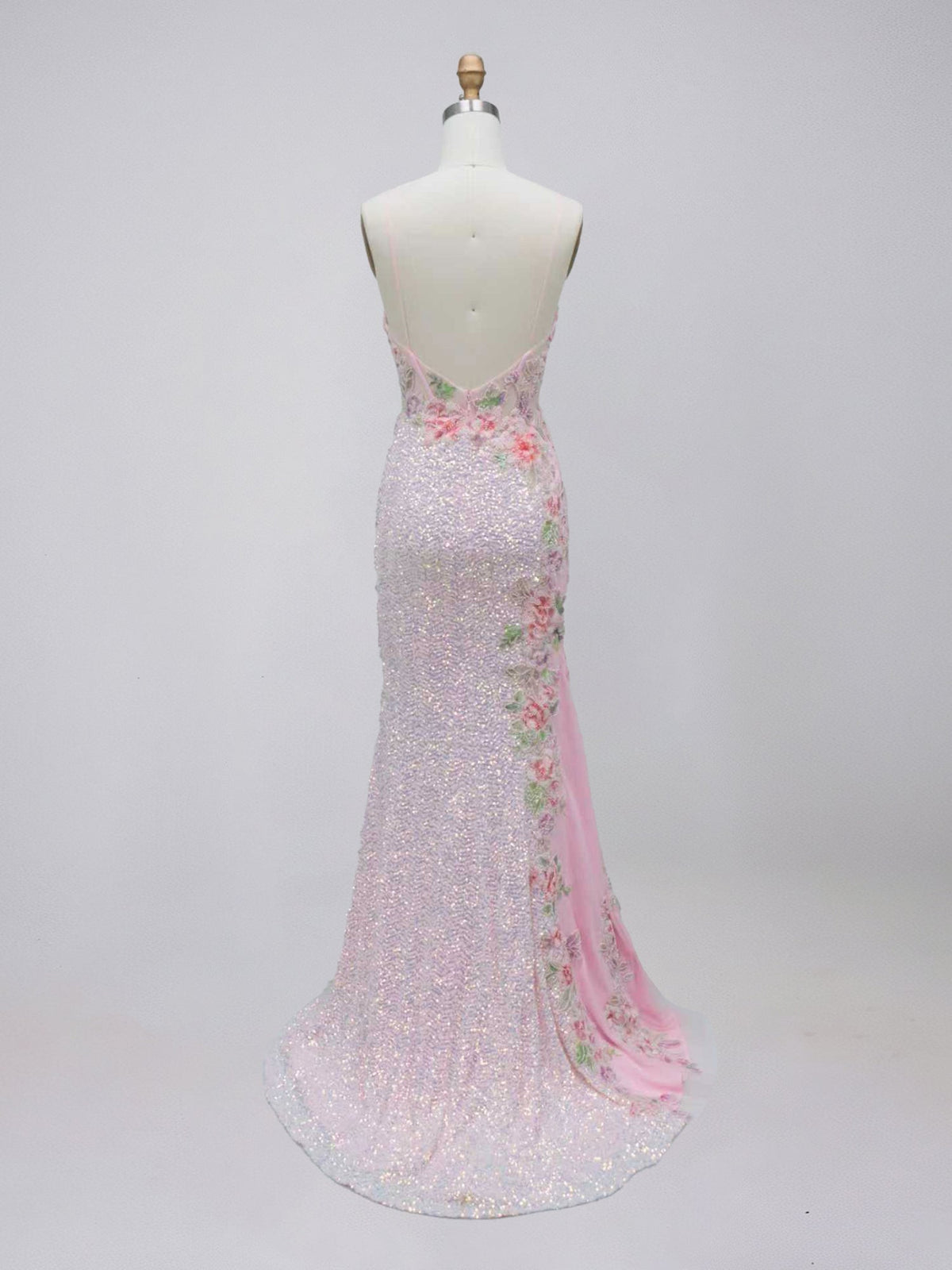 Pink Iridescent Sequin Mermaid Prom Dress with Asymmetrical Floral Embroidery - View 2 | FashionDia