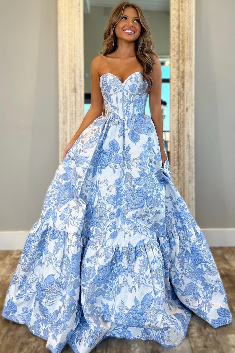 Lovely Light Blue Sweetheart A-Line Zipper Back Long Print Prom Dress
