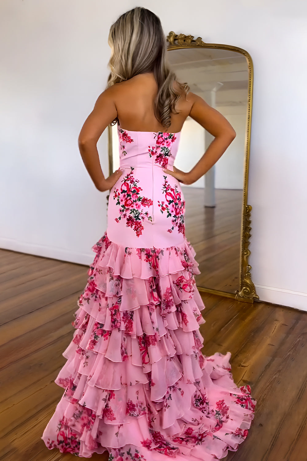 Pretty Pink Strapless Long Mermaid Prom Dress with Ruffle Print Chiffon Skirt