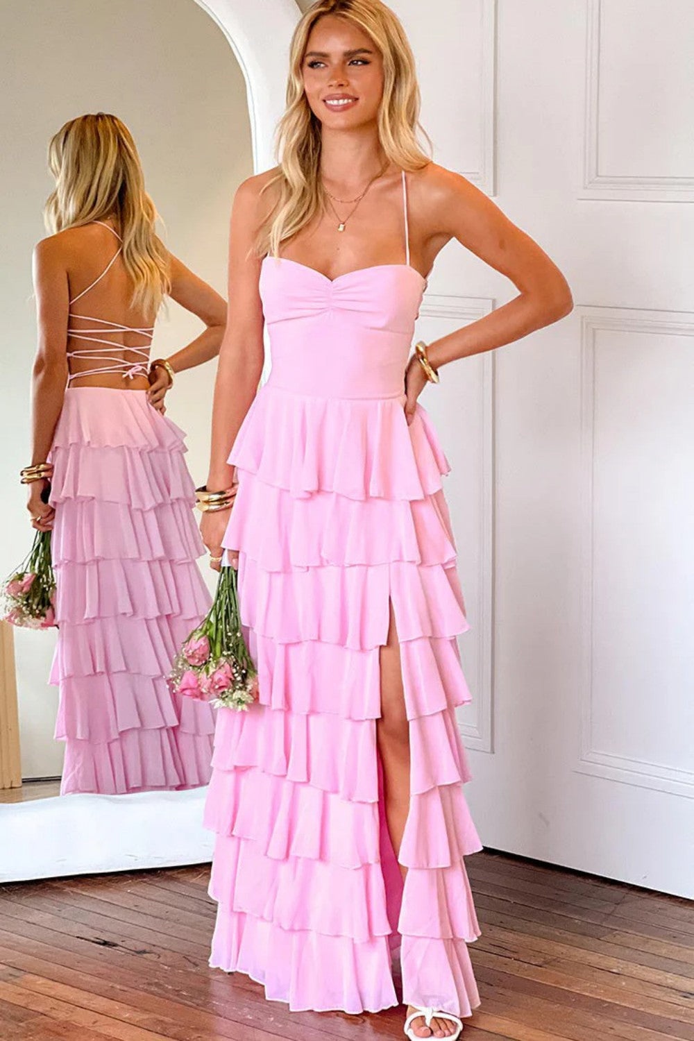 Gorgeous A Line Spaghetti Straps Burgundy Long Prom Dress with Ruffles