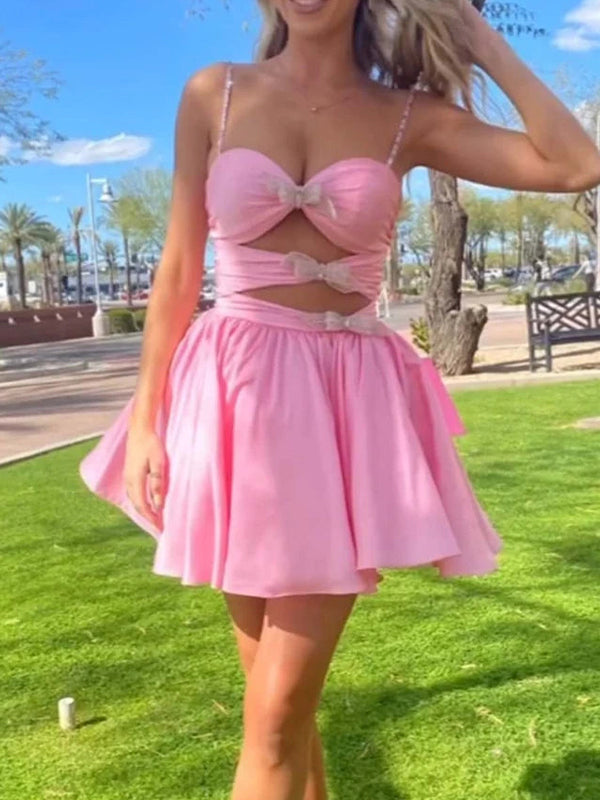 A-Line Spaghetti Straps lllusion Empire Satin Homecoming Dress