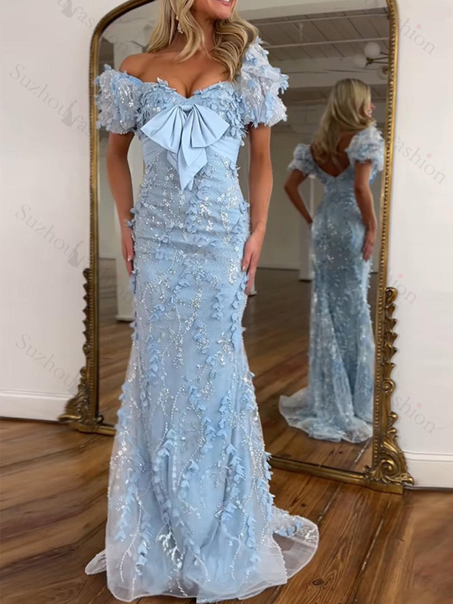 Pink Sequin Leaf Mermaid Long Prom Dress with Bow Detail