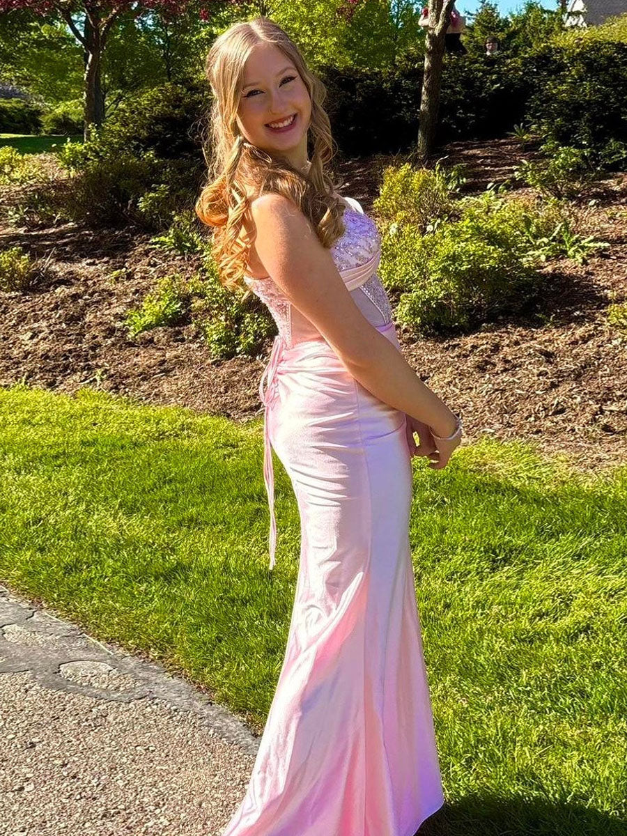 Pink Shimmer Sheer Crystal Embellished Corset Prom Dress with Slit