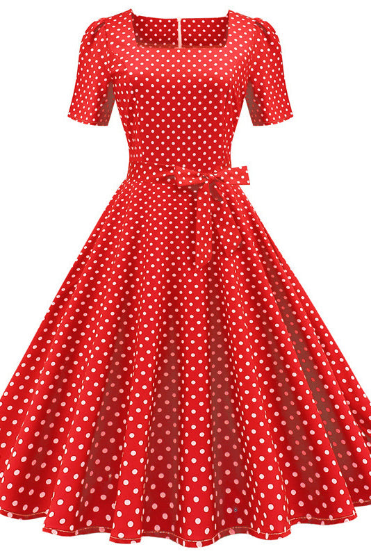 Pink Square Neck Short Sleeve A-Line Swing Dresses - Fashionpara