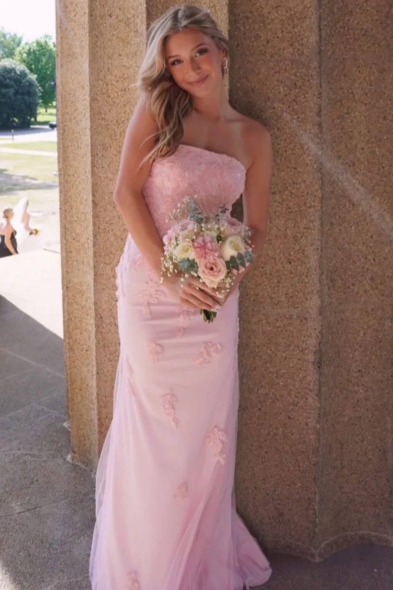 Pink Strapless Lace Appliques Mermaid Long Formal Prom Dress J9763