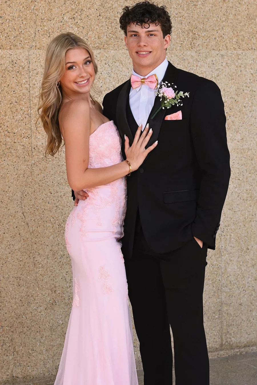Pink Strapless Lace Appliques Mermaid Long Formal Prom Dress J9763
