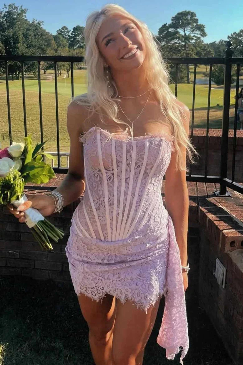 Pink Strapless Lace Mini Homecoming Dress