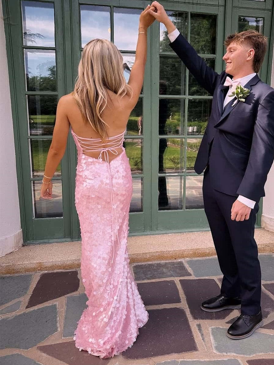 Pink Straps Sequin Long Prom Dress with Slit