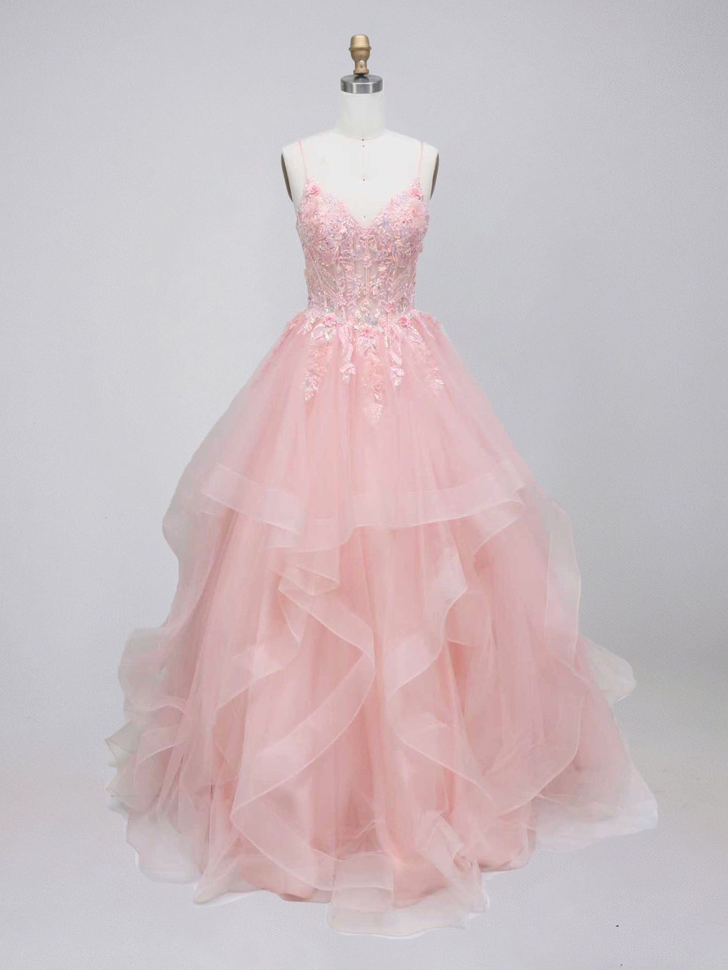 Pink Tiered Tulle Prom Dress with Floral Embroidered Sheer Corset