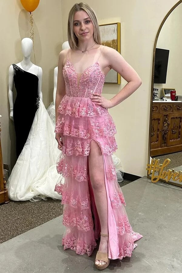 Tulle A-line Lace Appliques Ruffled Tiered Prom Dresses With Slit - VelvetHem
