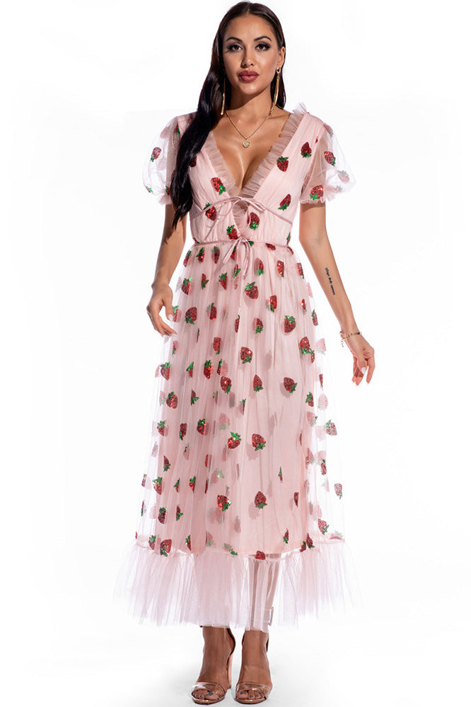 Pink V-Neck Tulle Prom Dress Evening Gown - Fashionpara