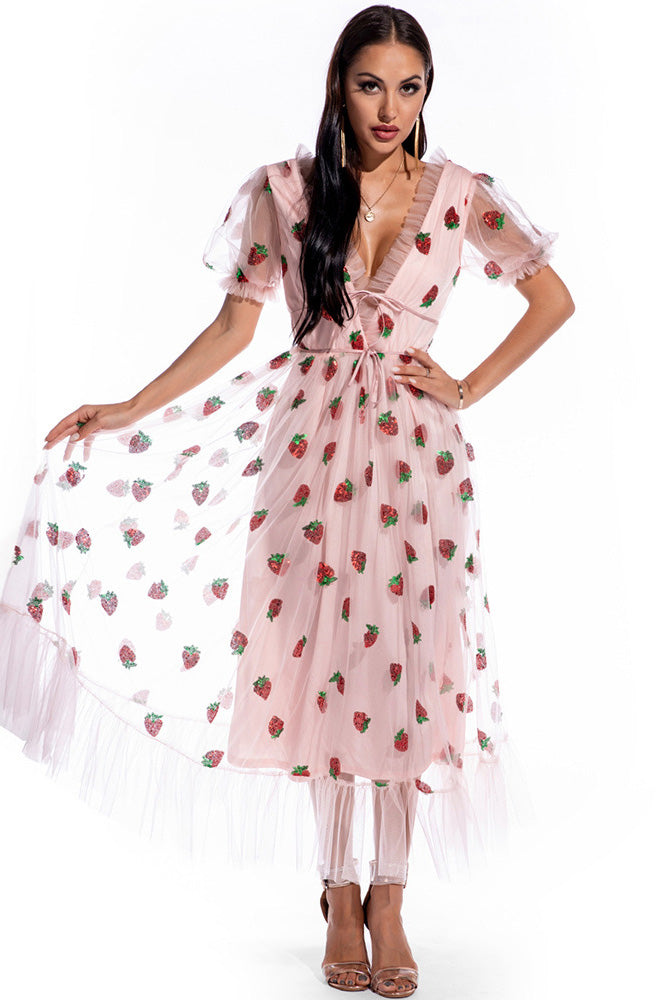 Pink V-Neck Tulle Prom Dress Evening Gown - Fashionpara