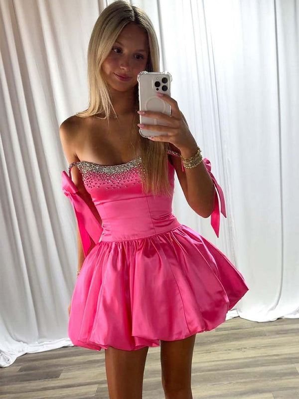 A-Line Bateau Bow Straps Satin Beaded Homecoming Dress