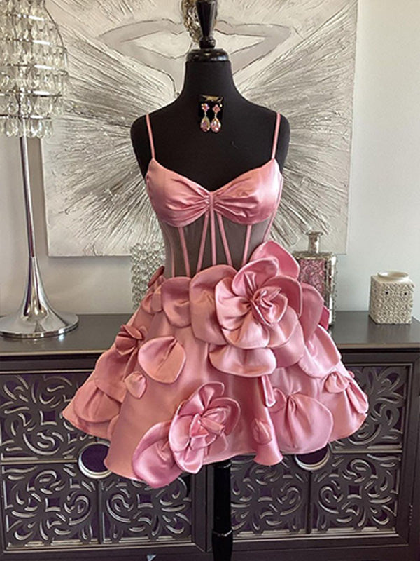 A-Line Spaghetti Straps Short Floral Satin Homecoming Dress