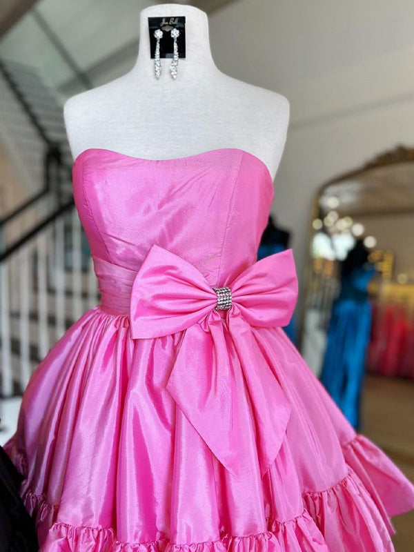 A-Line Strapless Short Satin Homecoming Dress With Bowknot