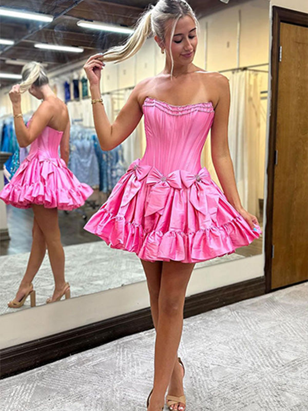 A-Line Strapless Short Satin Homecoming Dress With Bowknot - FashionDia