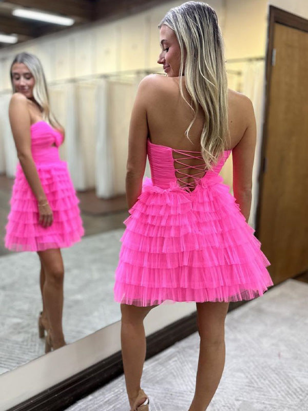 A-Line Sweetheart Lace Up Short Tulle Homecoming Dress