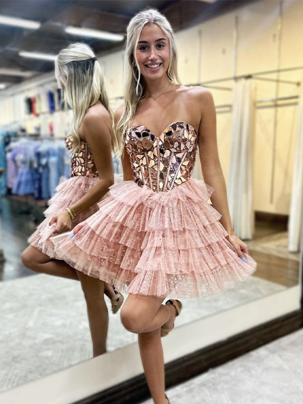 A-Line Sweetheart Short Tiered Tulle Homecoming Dress with Mirror