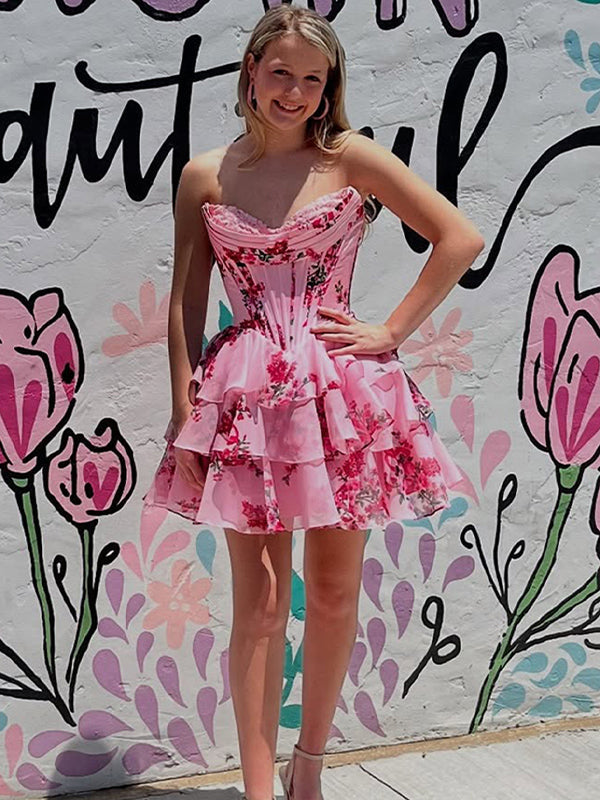 A-Line Sweetheart Strapless Appliquues Tiered Homecoming Dress - FashionDia
