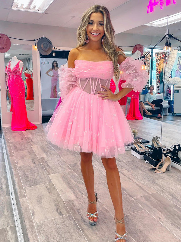 A-line Scoop Corset Tulle Short Homecoming Dress - FashionDia