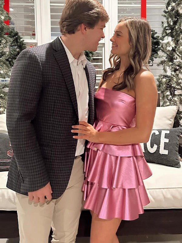 A Line Strapless Metallic Ruffle Short Homecoming Party Dress