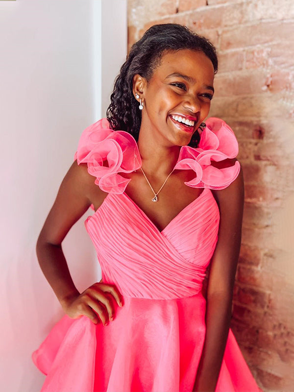 A Line Surplice Ruffles Straps Tulle Homecoming Dress